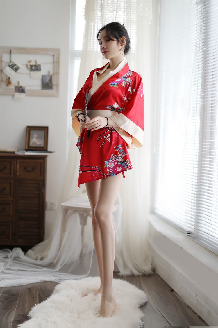 Floral Kimono Themed Costume Set Two Tone Red Black Loungewear
