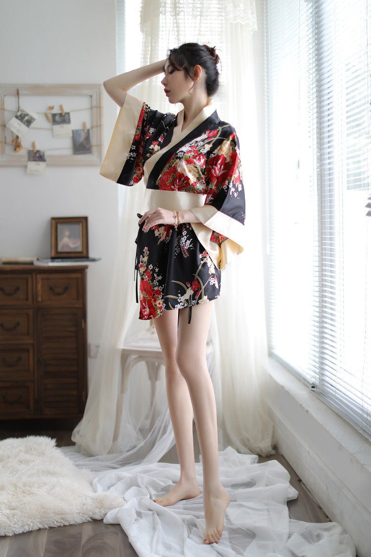 Floral Kimono Themed Costume Set Two Tone Red Black Loungewear