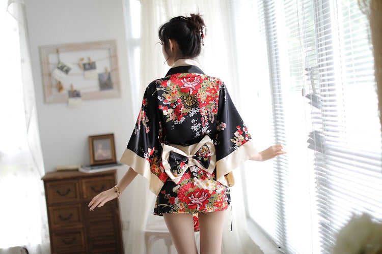 Floral Kimono Themed Costume Set Two Tone Red Black Loungewear