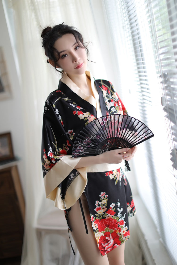 Floral Kimono Themed Costume Set Two Tone Red Black Loungewear