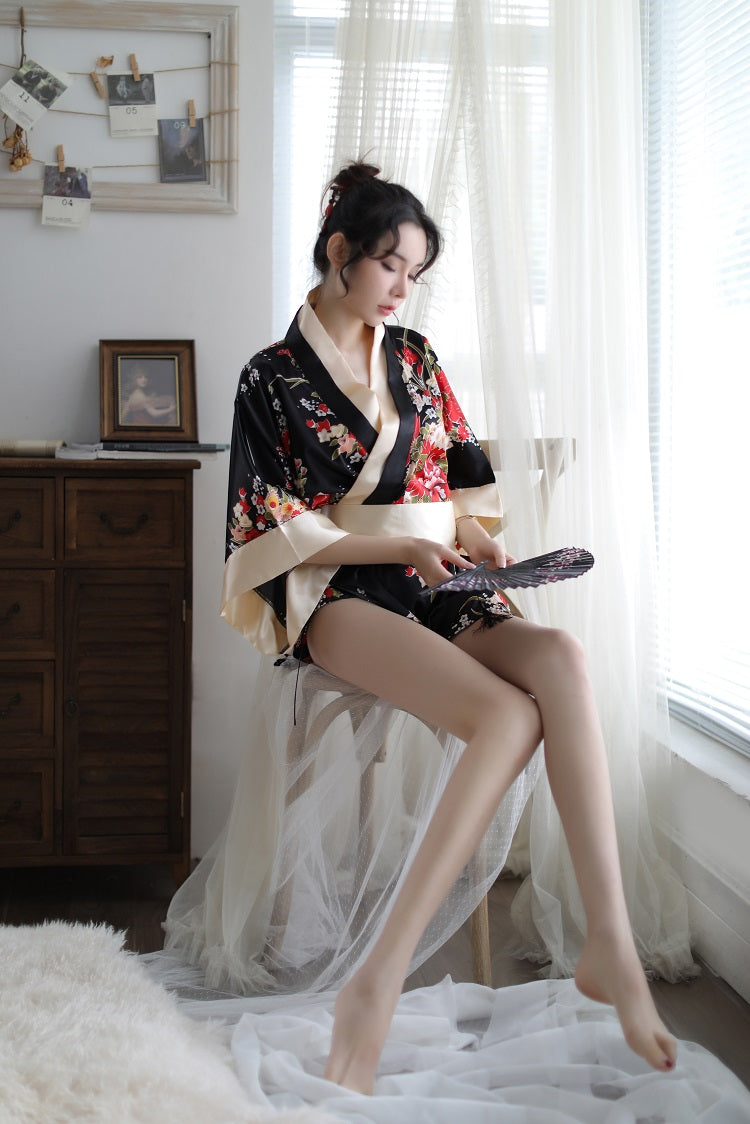Floral Kimono Themed Costume Set Two Tone Red Black Loungewear