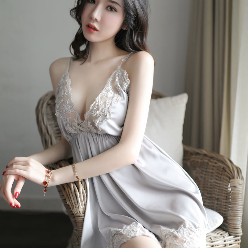 V-Neck Spaghetti Strap Mini Slip Nightgown Four Tone Elegant Loungewear