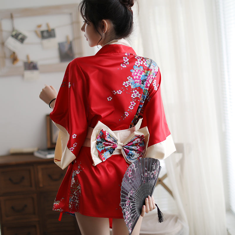 Floral Kimono Themed Costume Set Two Tone Red Black Loungewear