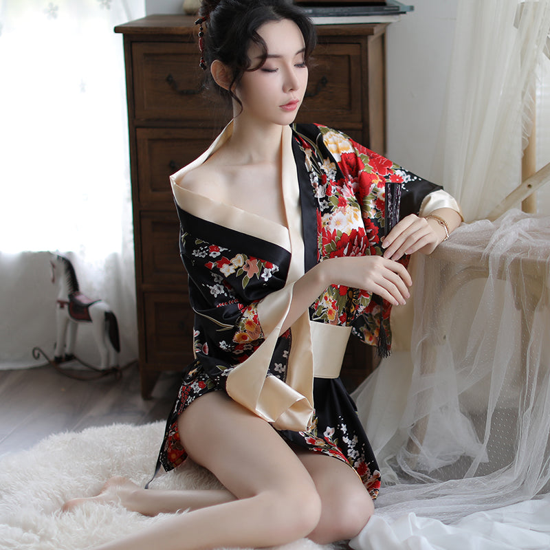 Floral Kimono Themed Costume Set Two Tone Red Black Loungewear