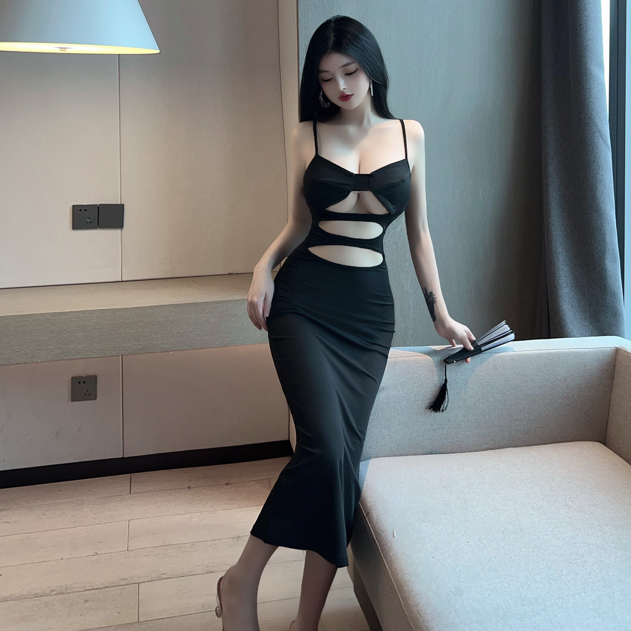 Black Cutout Midi Slip Dress Elegant Night Outfit