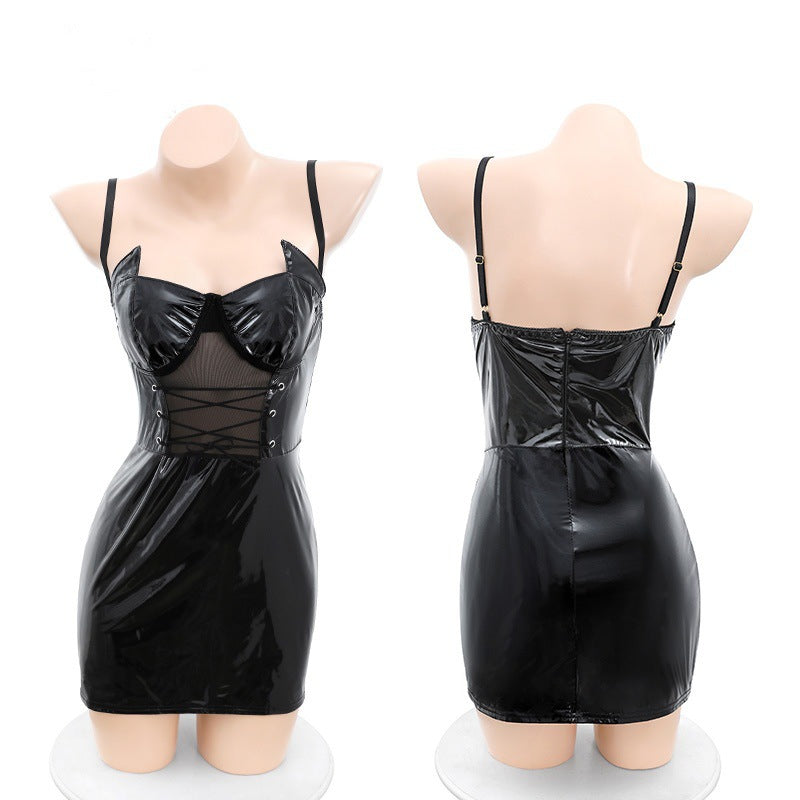 Glossy Spaghetti Strap Mini Dress Black Chic Women Evening Loungewear