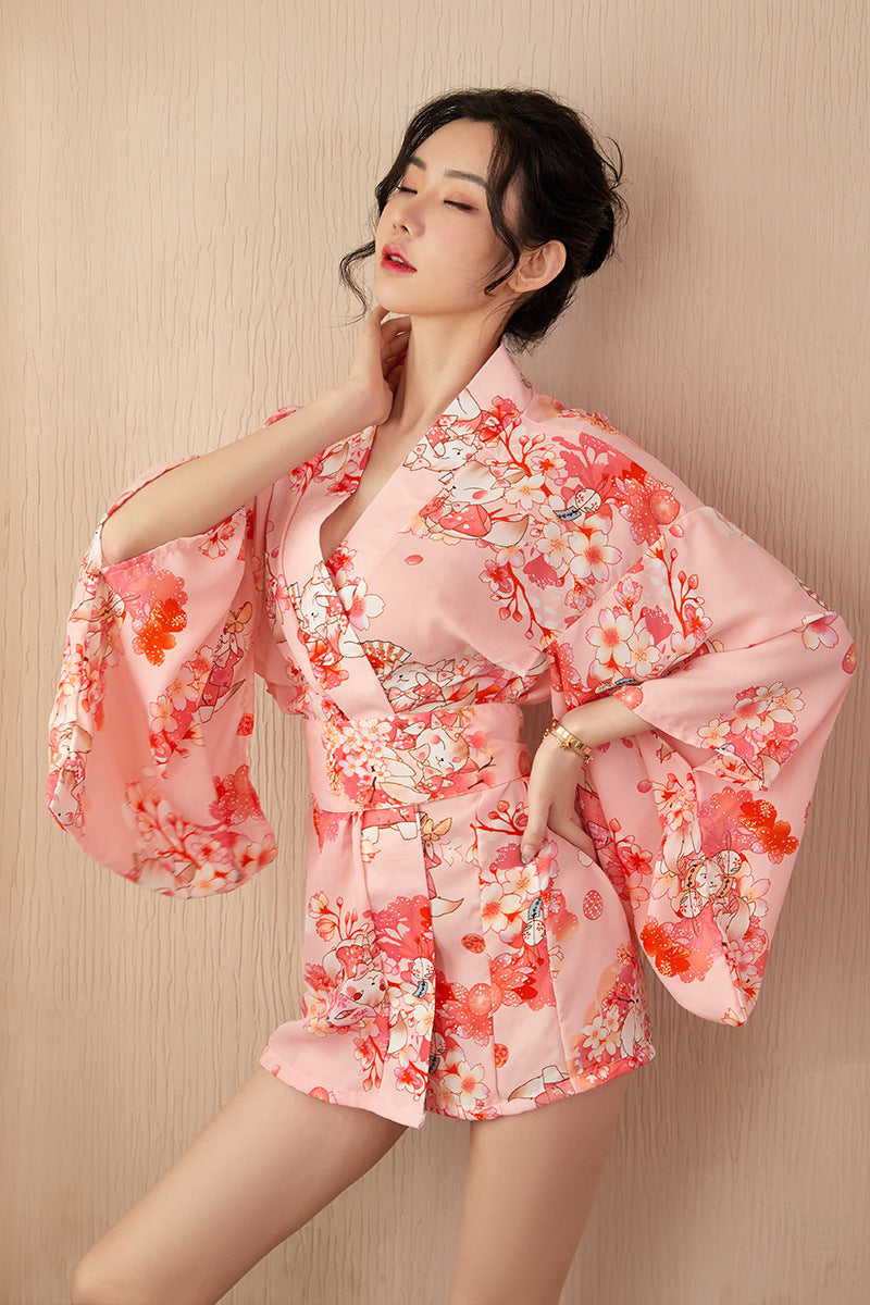 Pink Floral Kimono Cos Robe Romantic Private Sleepwear