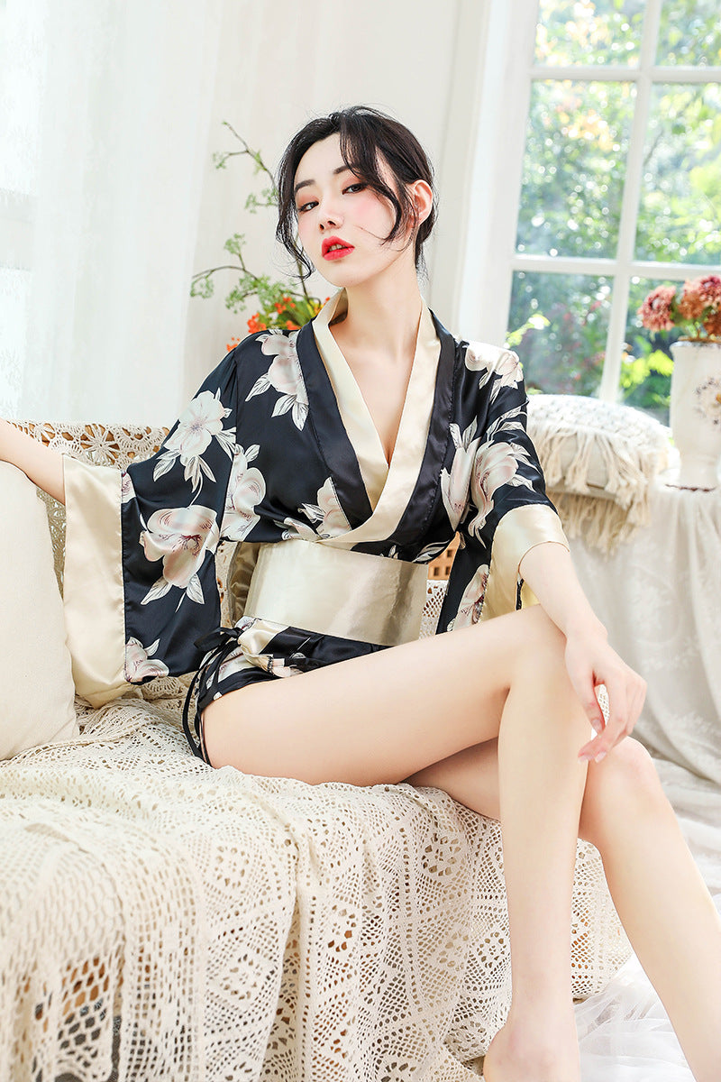 Floral Print Belted Short Kimono Robe Elegant Night Loungewear