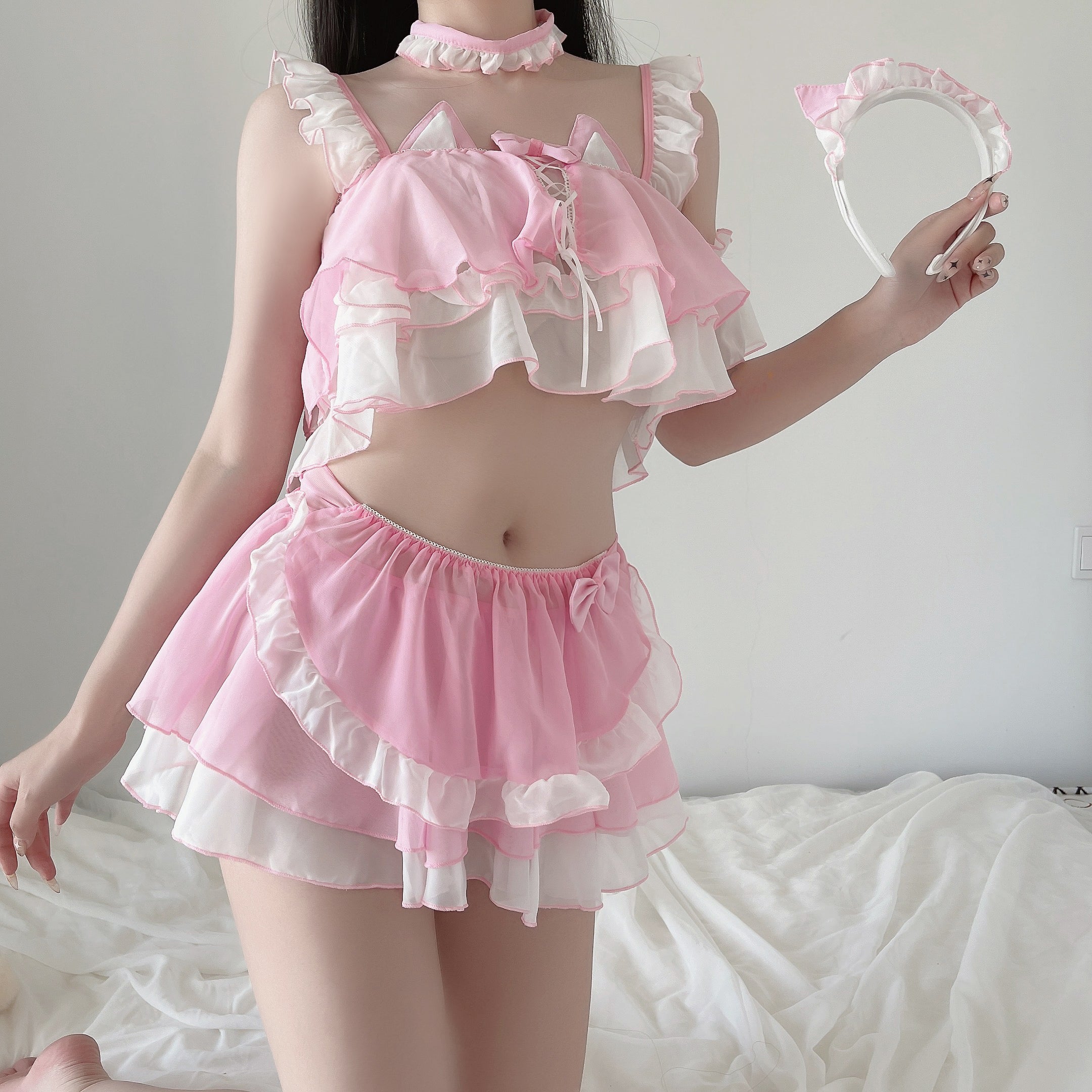 Cat Ear Ruffle Two Piece Loungewear Set Two Tone Romantic Outfit