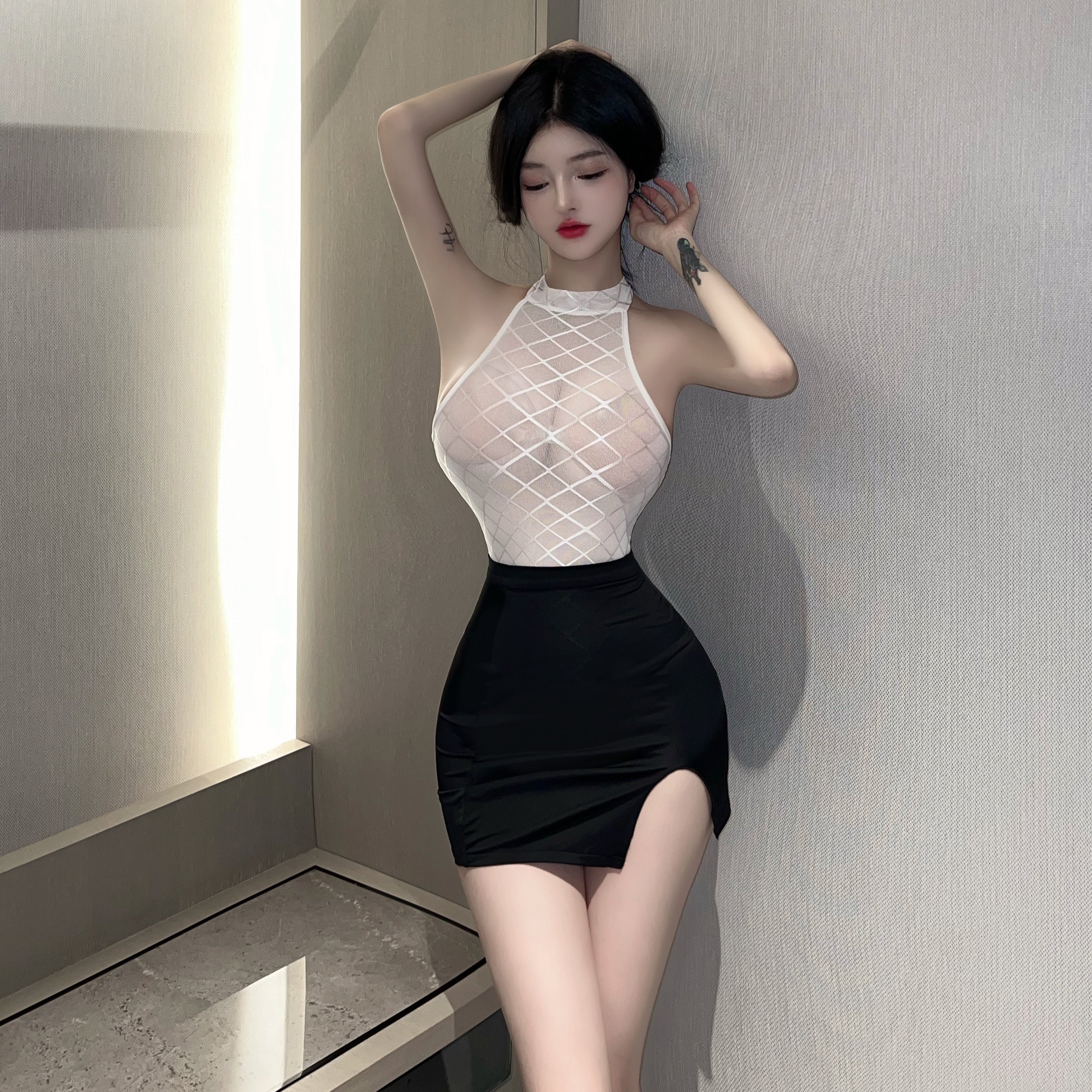 Two-Tone Mesh Zip Bodysuit With Matching Black Mini Skirt Private Loungewear