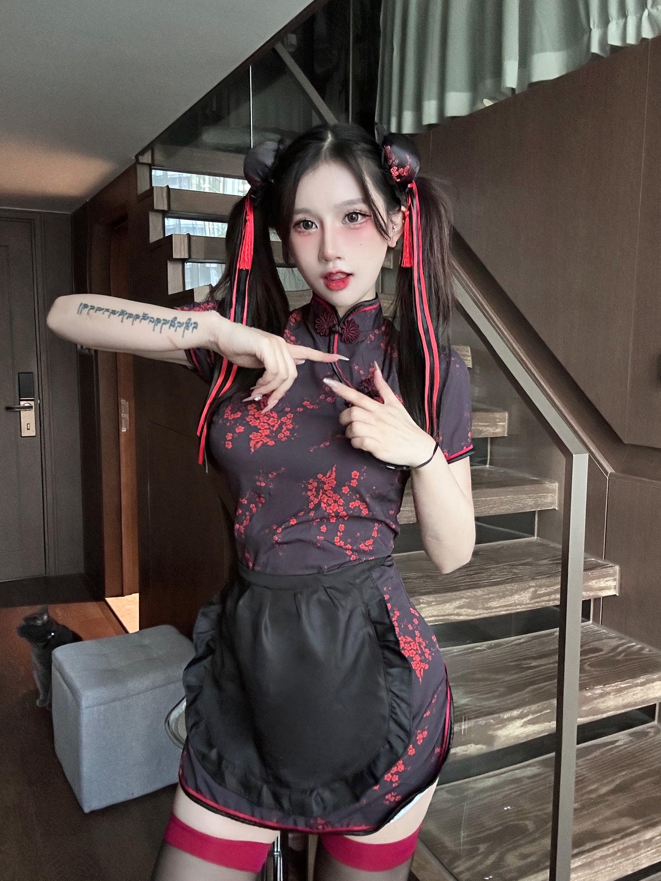Oriental Floral Maid Qipao Themed Lingerie Set