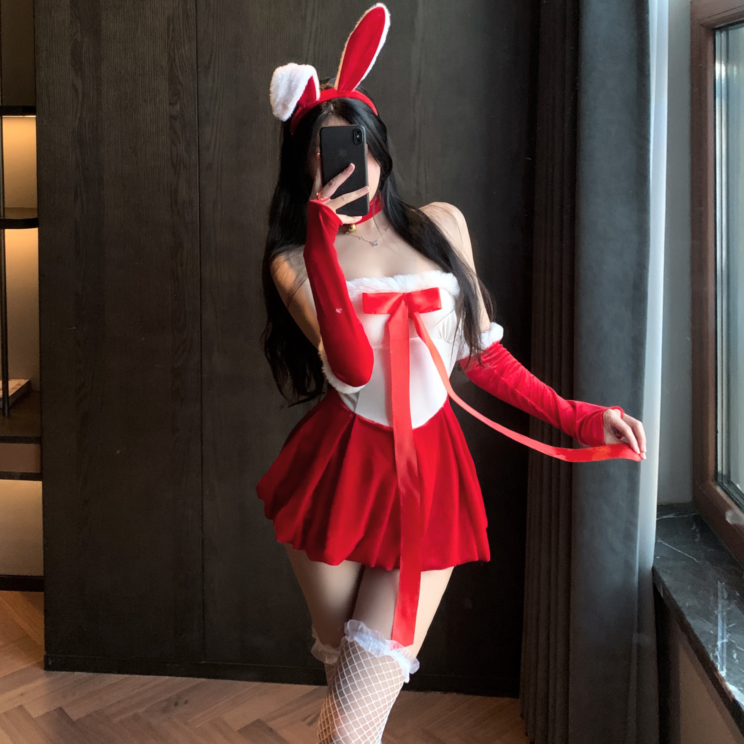 Red Bunny Themed Off Shoulder Mini Dress Lounge Outfit