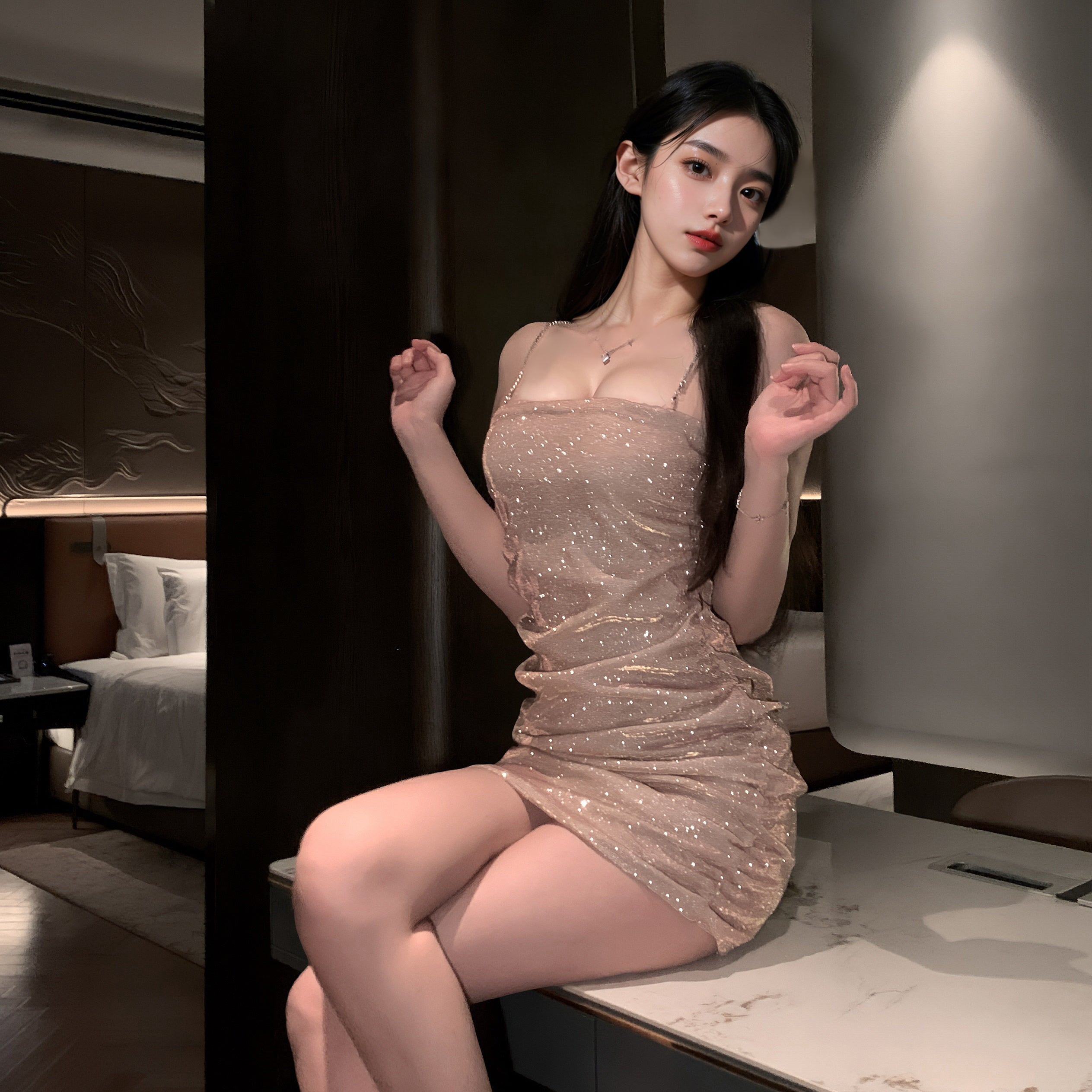 Glitter Chain Strap Mini Slip Dress Champagne Private Evening Loungewear