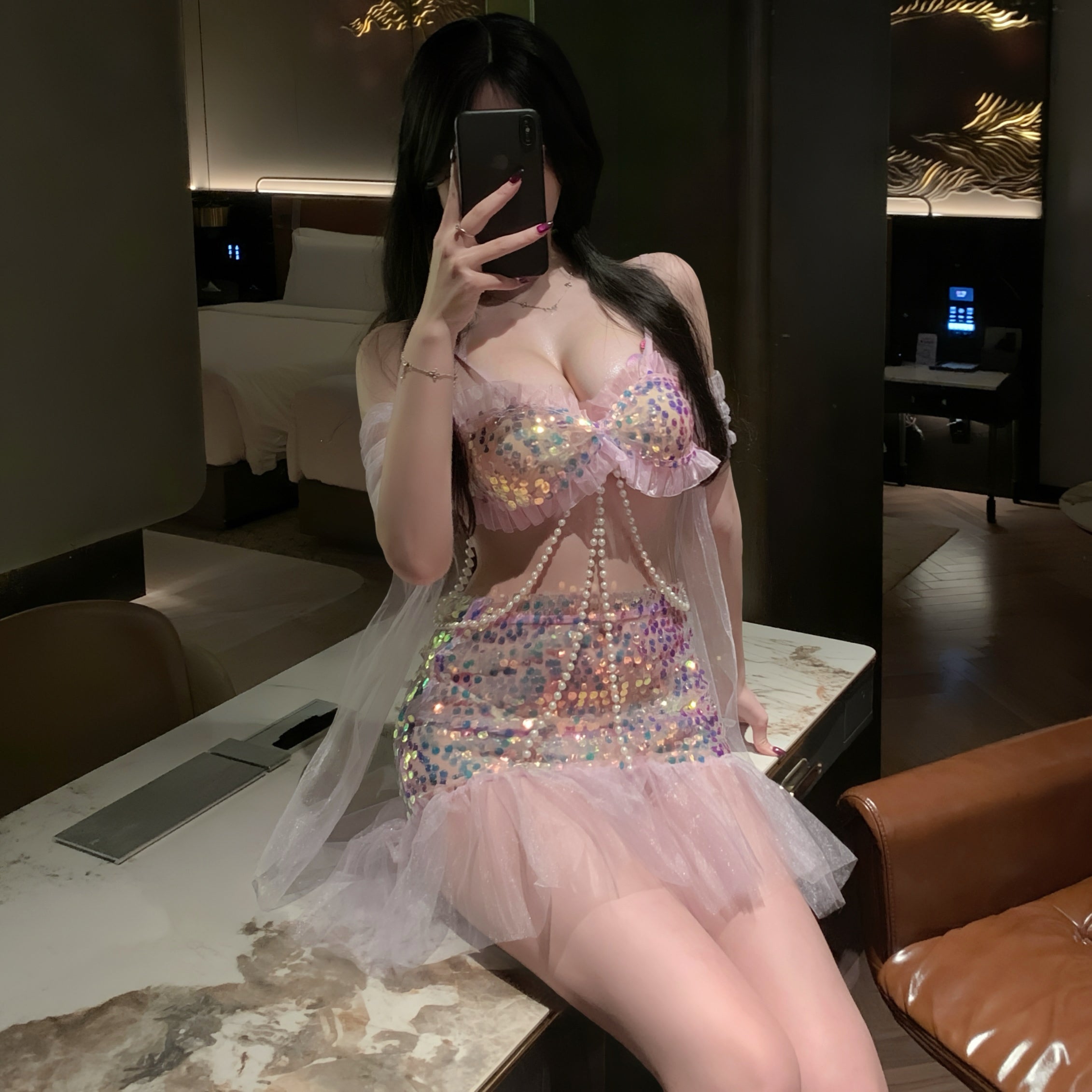 Mermaid Sequin Two Piece Set Pink Tulle Romantic Women Night Loungewear