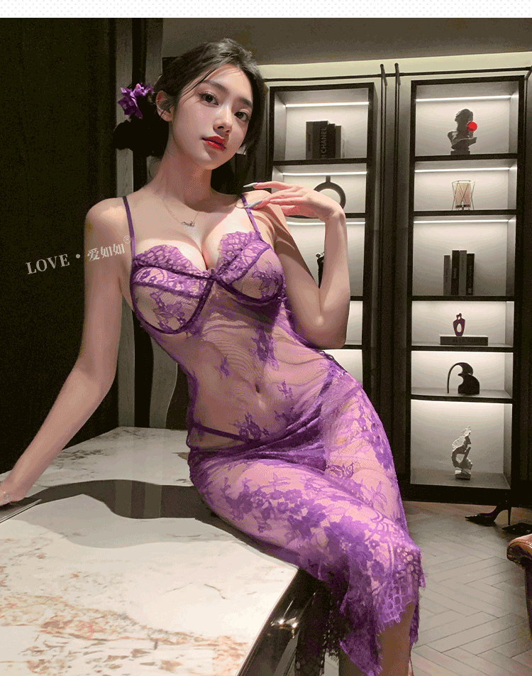 Purple Lace Spaghetti Strap Midi Slip Nightgown