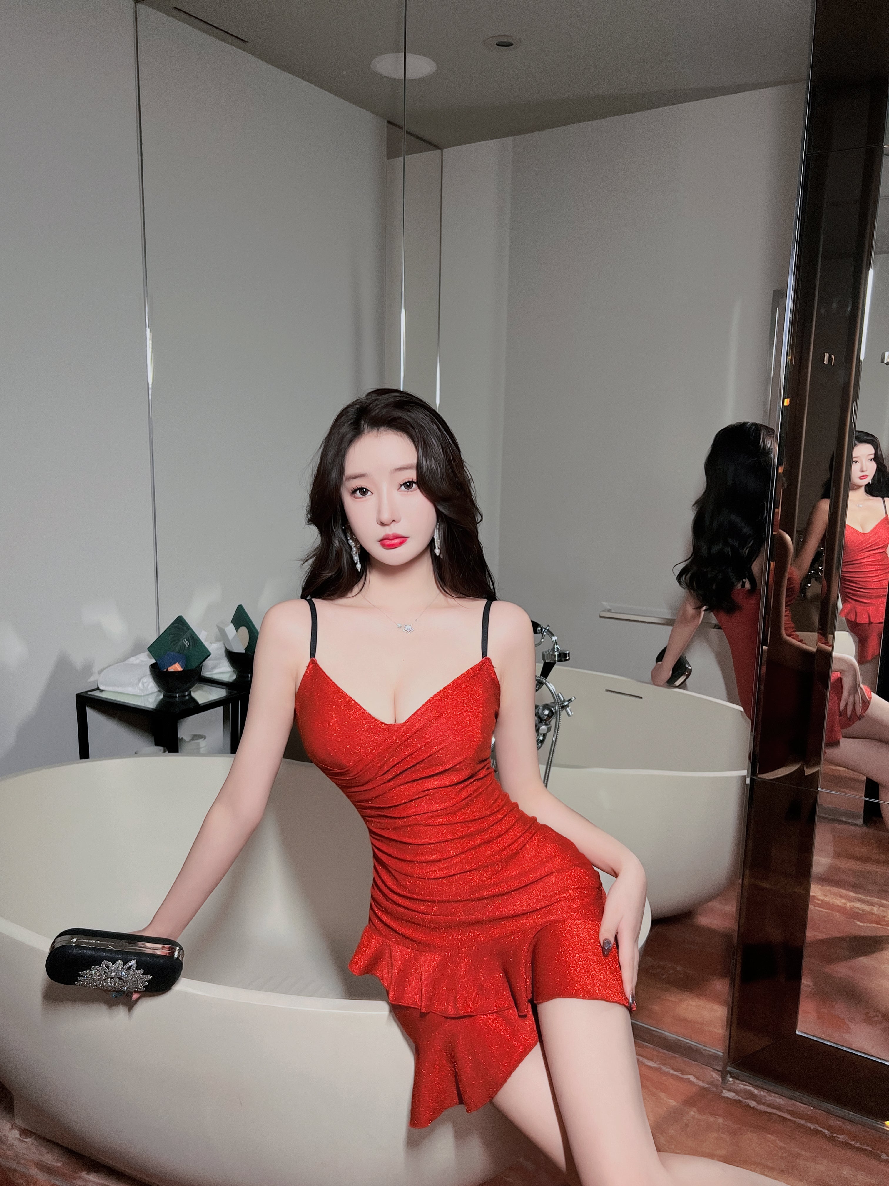 Red Spaghetti Strap Ruched Ruffle Mini Dress