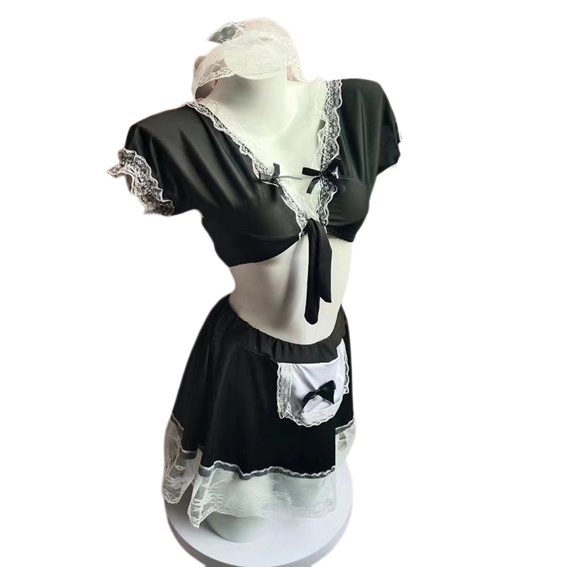 Maid Themed Lace Cosplay Outfit Set Black Elegant Private Loungewear