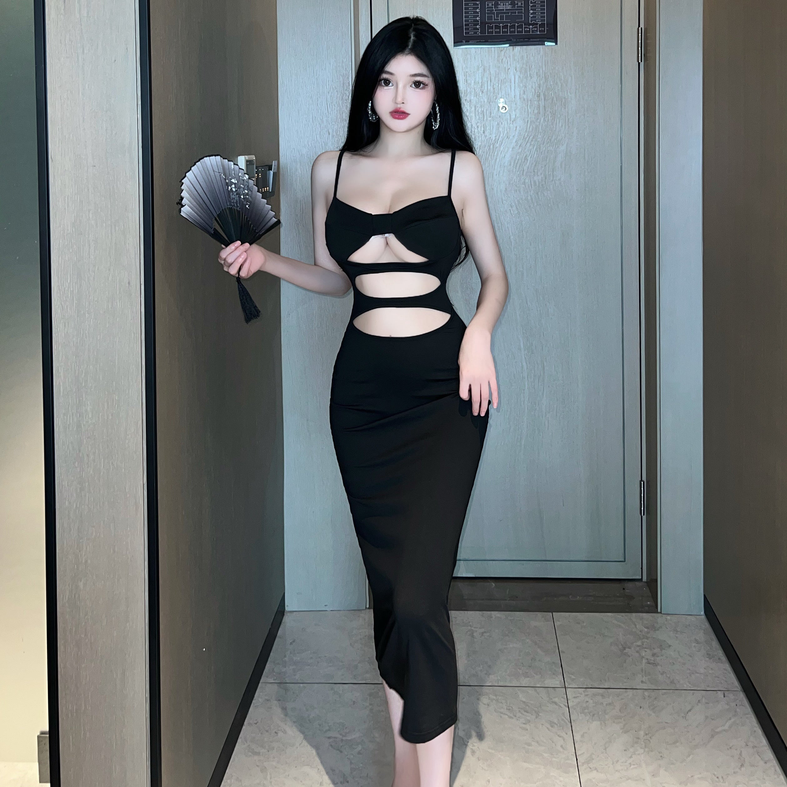 Black Cutout Midi Slip Dress Elegant Night Outfit