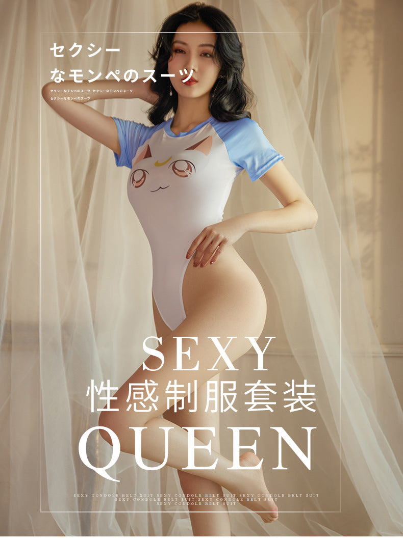 Pink White Cartoon Cat Cos Bodysuit Cute Private Outfit