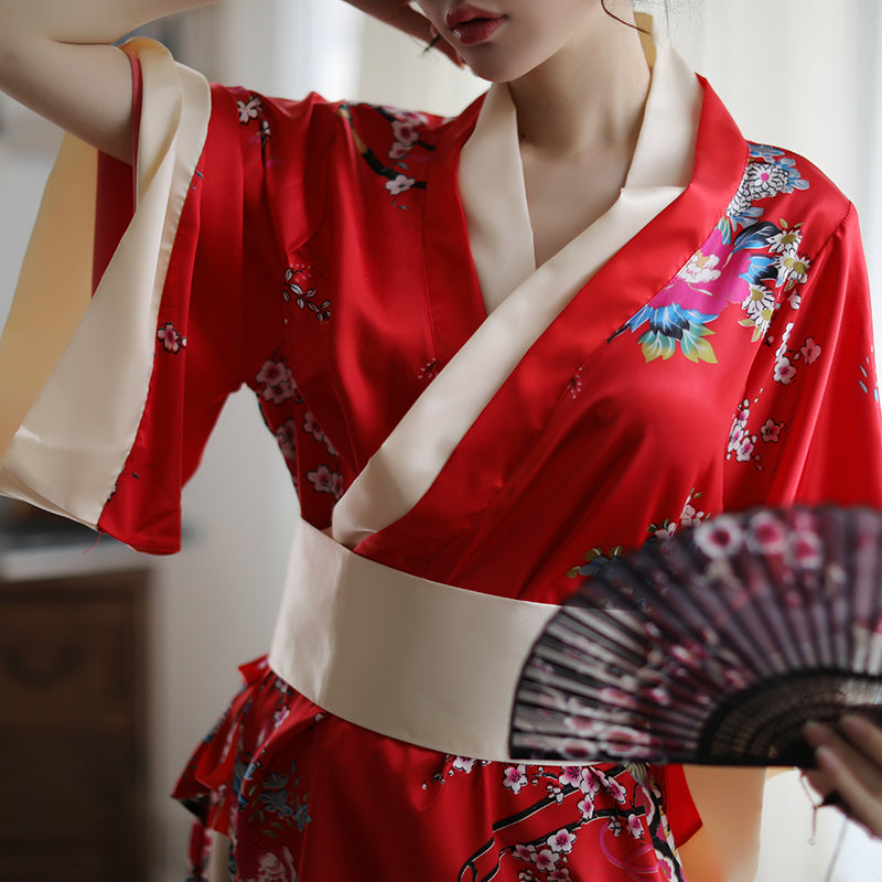 Floral Kimono Themed Costume Set Two Tone Red Black Loungewear