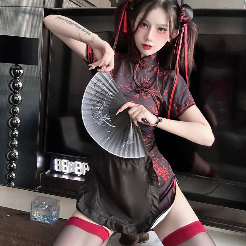 Oriental Floral Maid Qipao Themed Lingerie Set
