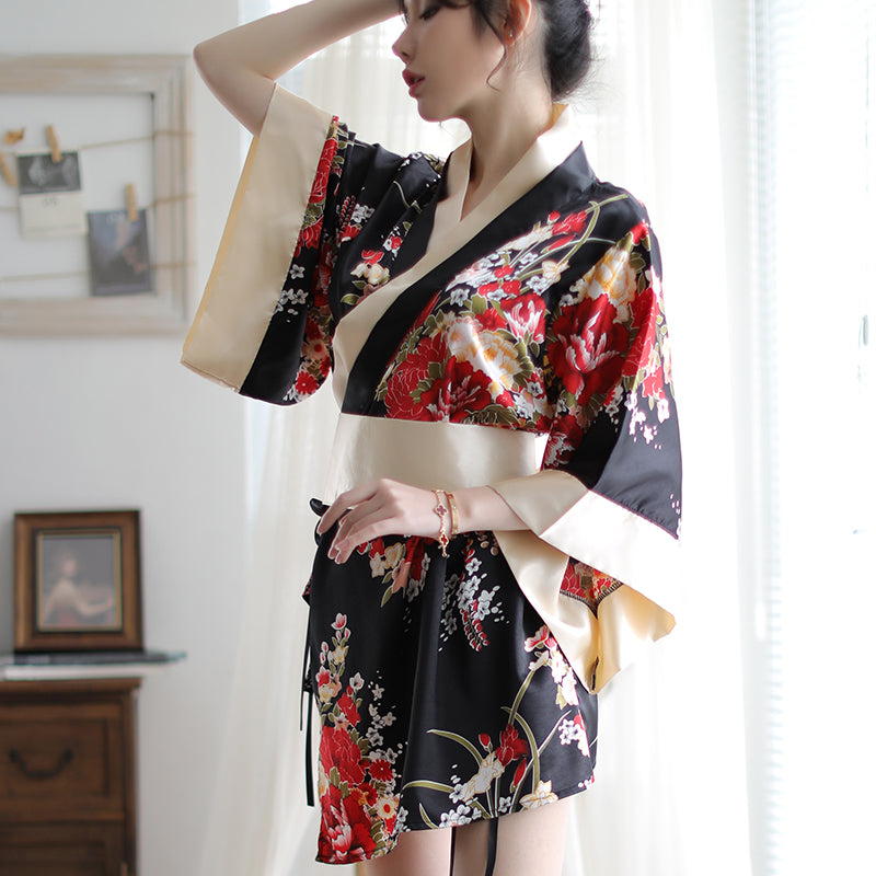 Floral Kimono Themed Costume Set Two Tone Red Black Loungewear