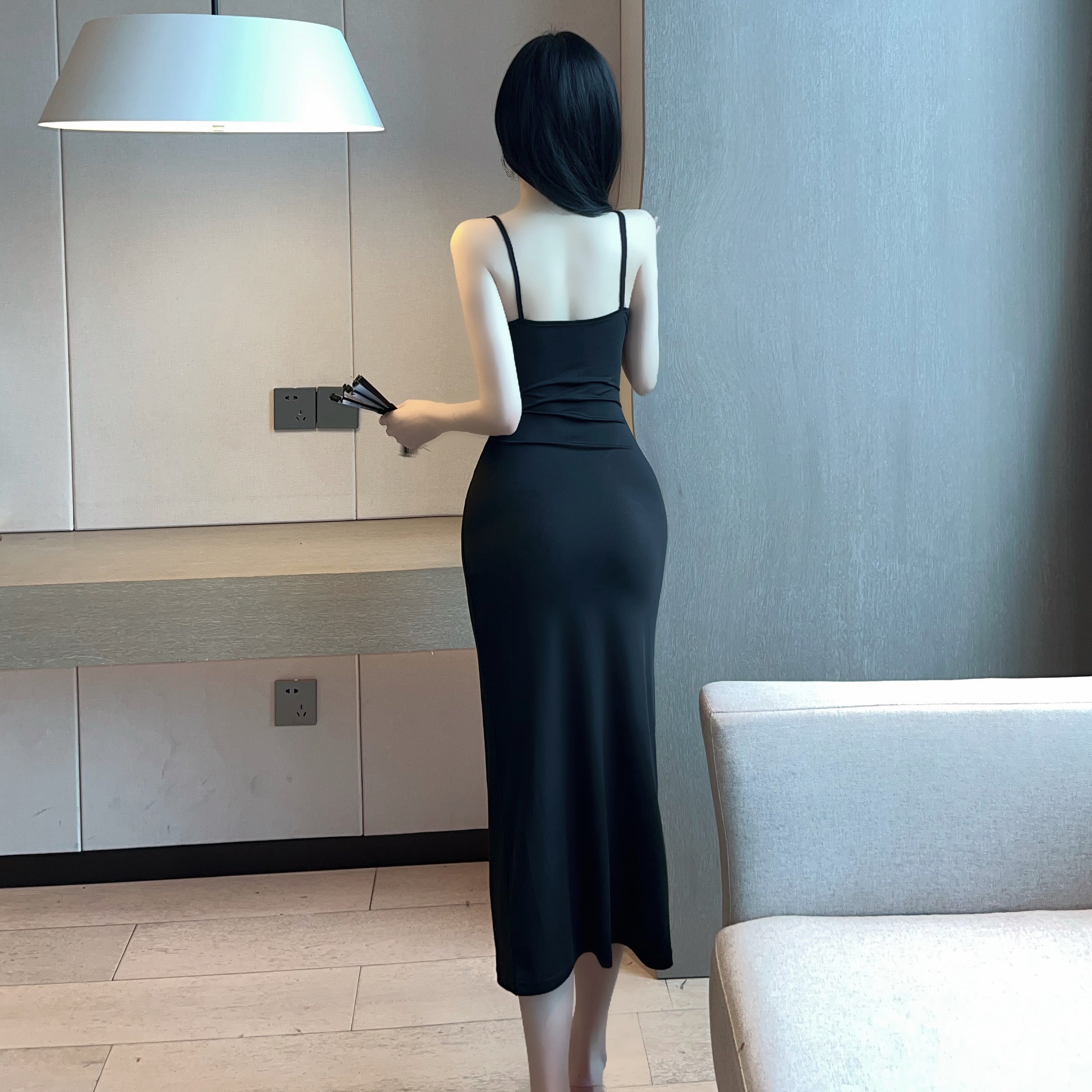 Black Cutout Midi Slip Dress Elegant Night Outfit