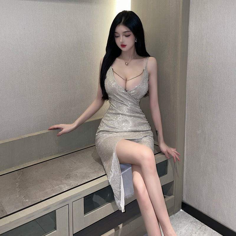 Glitter Spaghetti Strap High Slit Wrap Midi Dress