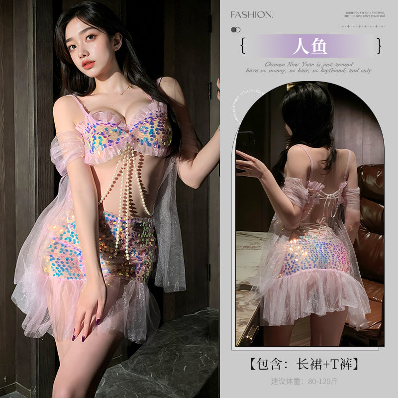 Mermaid Sequin Two Piece Set Pink Tulle Romantic Women Night Loungewear