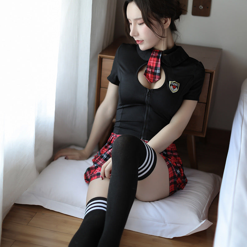 Campus Themed Plaid Two Piece Outfit Black Red Ladies Private Loungewear