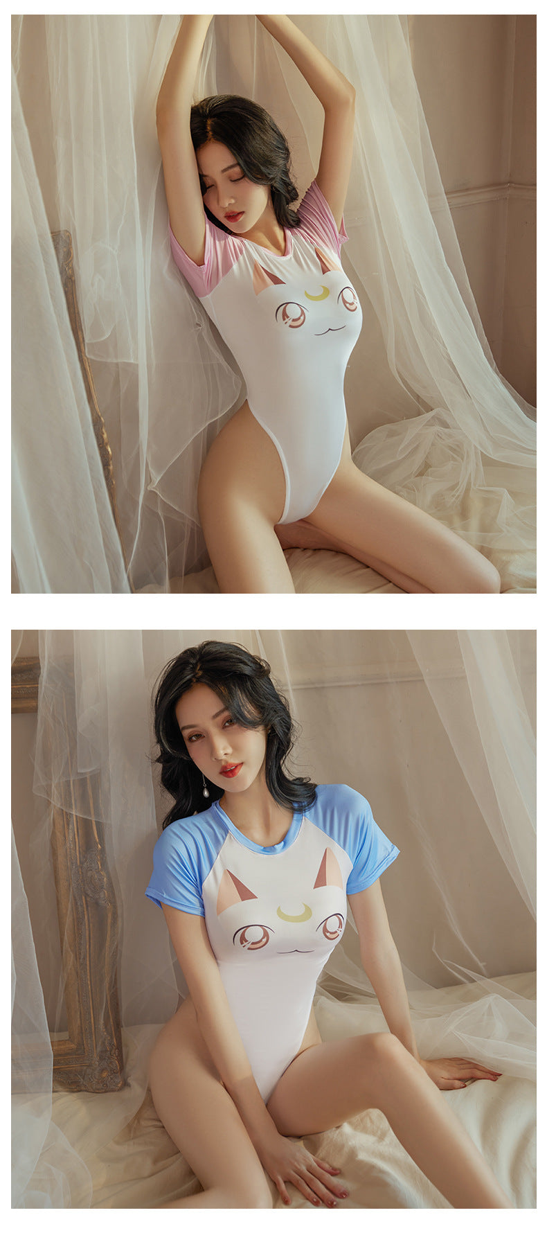 Pink White Cartoon Cat Cos Bodysuit Cute Private Outfit