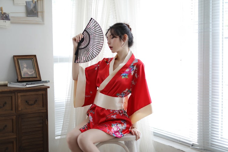 Floral Kimono Themed Costume Set Two Tone Red Black Loungewear