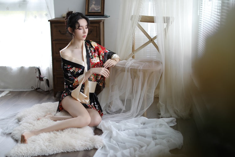 Floral Kimono Themed Costume Set Two Tone Red Black Loungewear