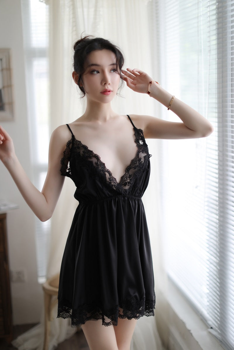 V-Neck Spaghetti Strap Mini Slip Nightgown Four Tone Elegant Loungewear