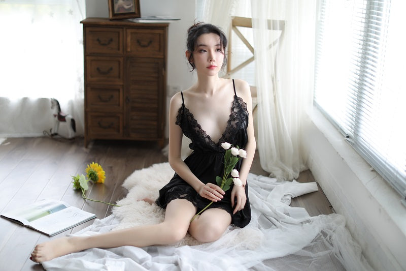 V-Neck Spaghetti Strap Mini Slip Nightgown Four Tone Elegant Loungewear