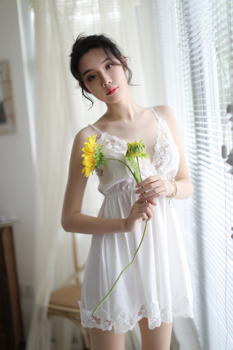V-Neck Spaghetti Strap Mini Slip Nightgown Four Tone Elegant Loungewear
