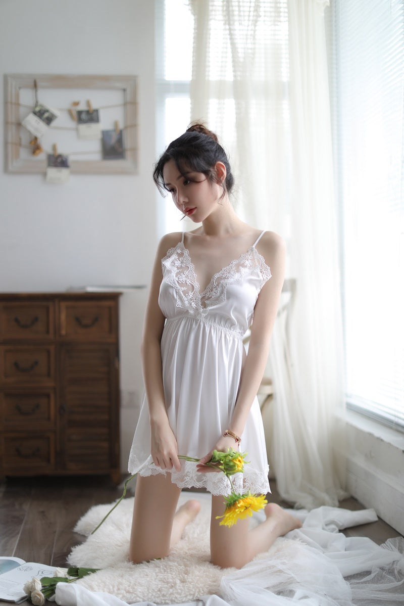 V-Neck Spaghetti Strap Mini Slip Nightgown Four Tone Elegant Loungewear