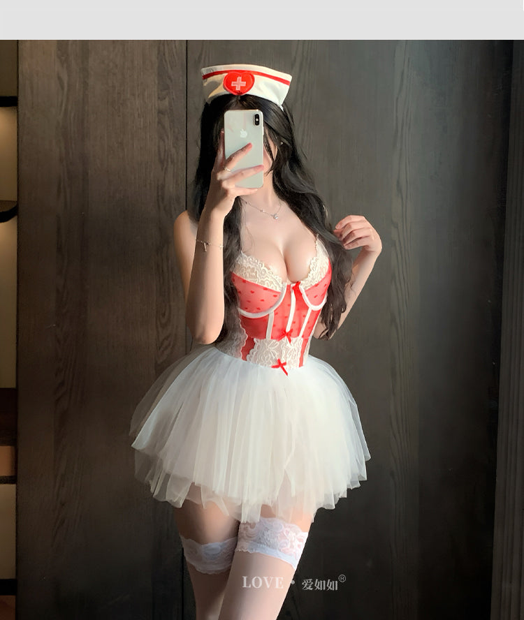 Nurse Themed Heart Print Lace Corset Bodysuit Red White Cosplay Loungewear