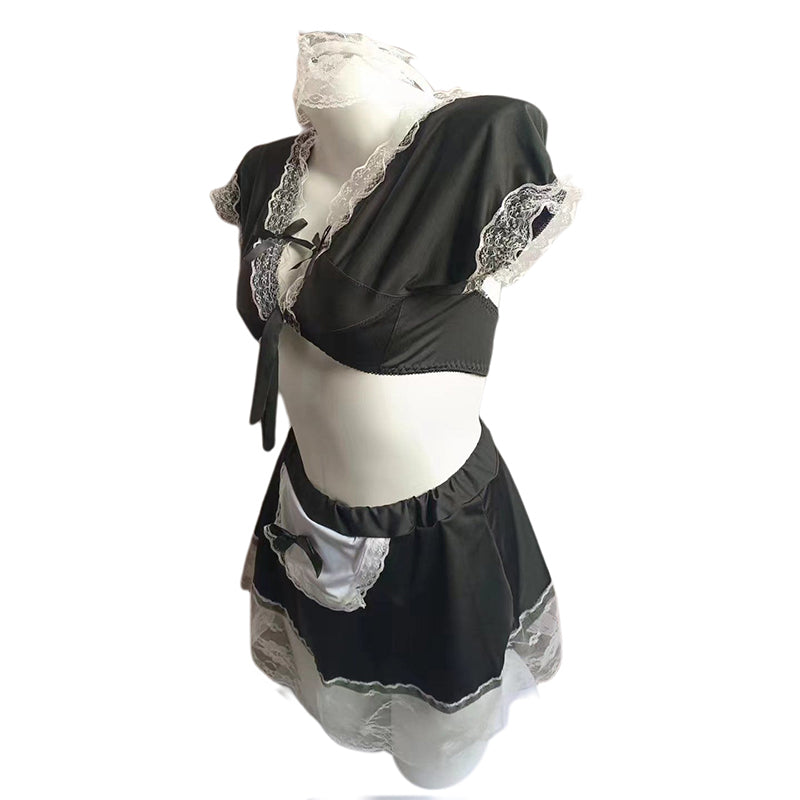 Maid Themed Lace Cosplay Outfit Set Black Elegant Private Loungewear