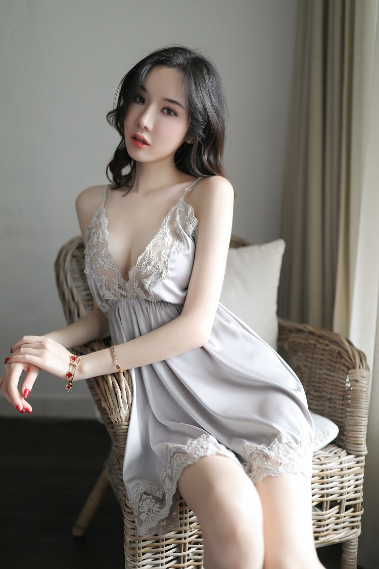 V-Neck Spaghetti Strap Mini Slip Nightgown Four Tone Elegant Loungewear