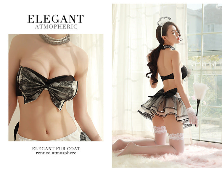 Maid Style Bow Two Piece Set Black Romantic Women Night Loungewear