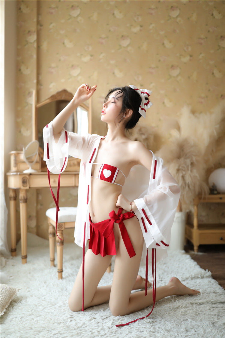 Heart Pattern Cosplay Loungewear Set Red White Romantic Night Outfit