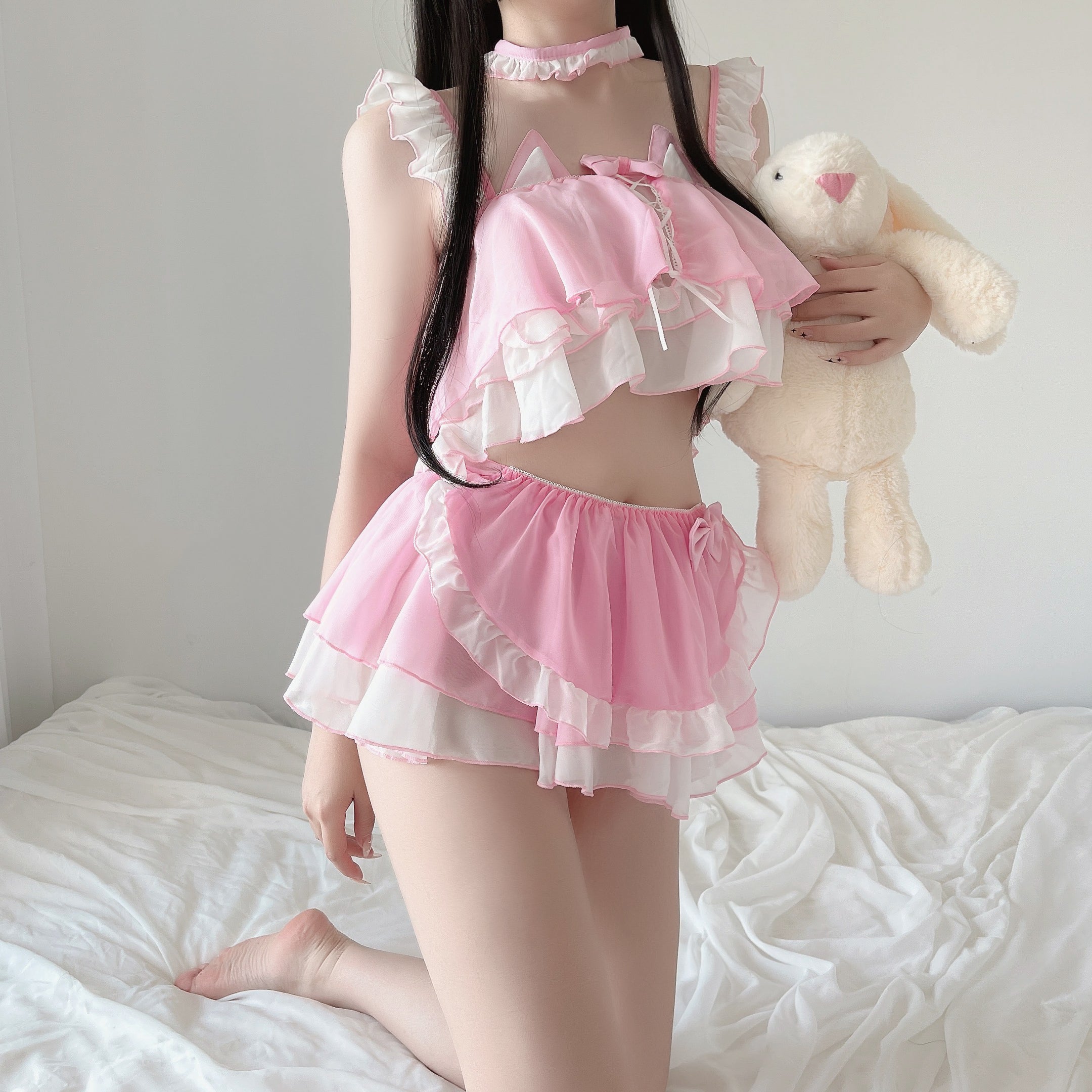 Cat Ear Ruffle Two Piece Loungewear Set Two Tone Romantic Outfit