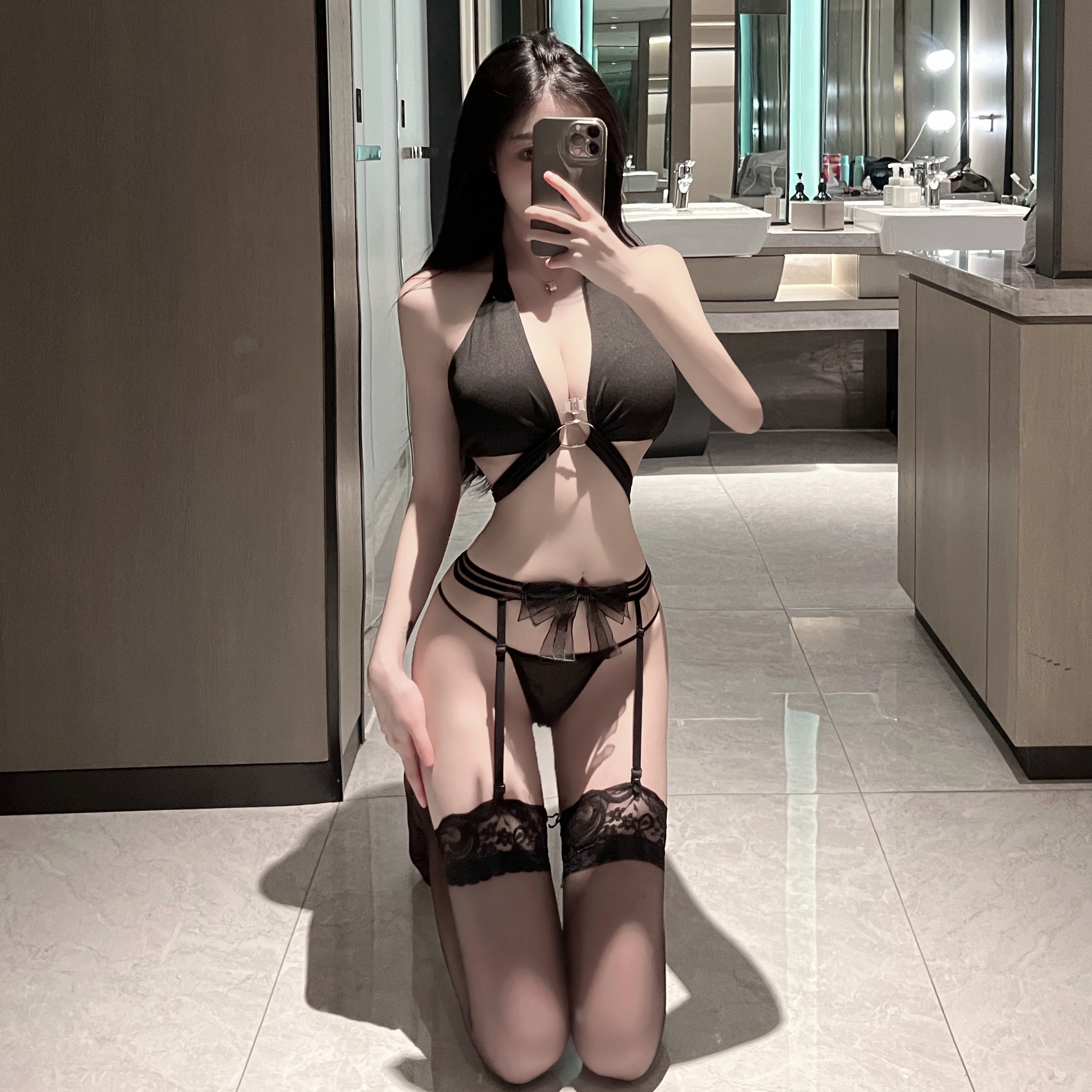 Back Tie Halter Garter Intimates Set Black Elegant Night Loungewear