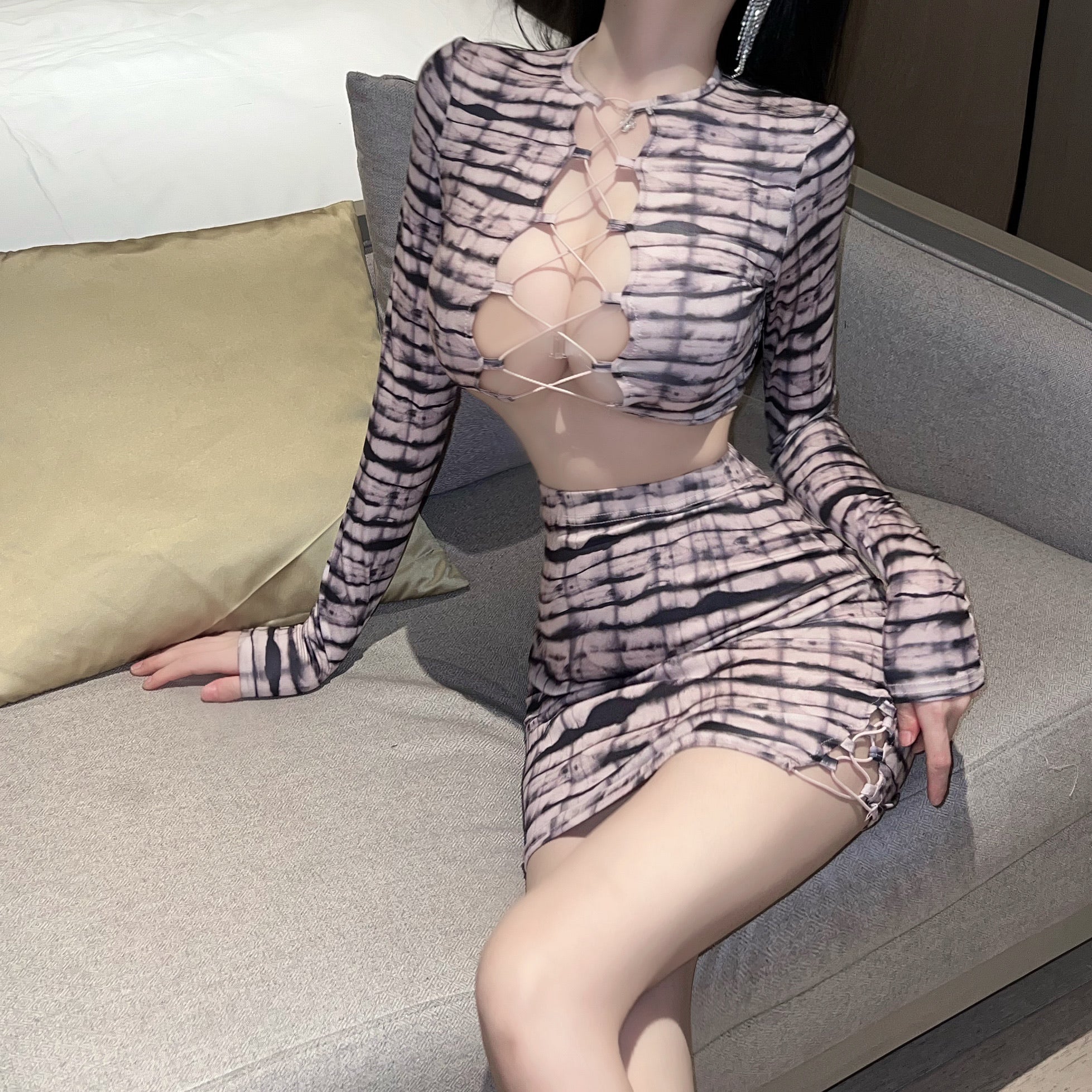 Striped Two Piece Crop Top Mini Skirt Set Purple Grey Women Loungewear