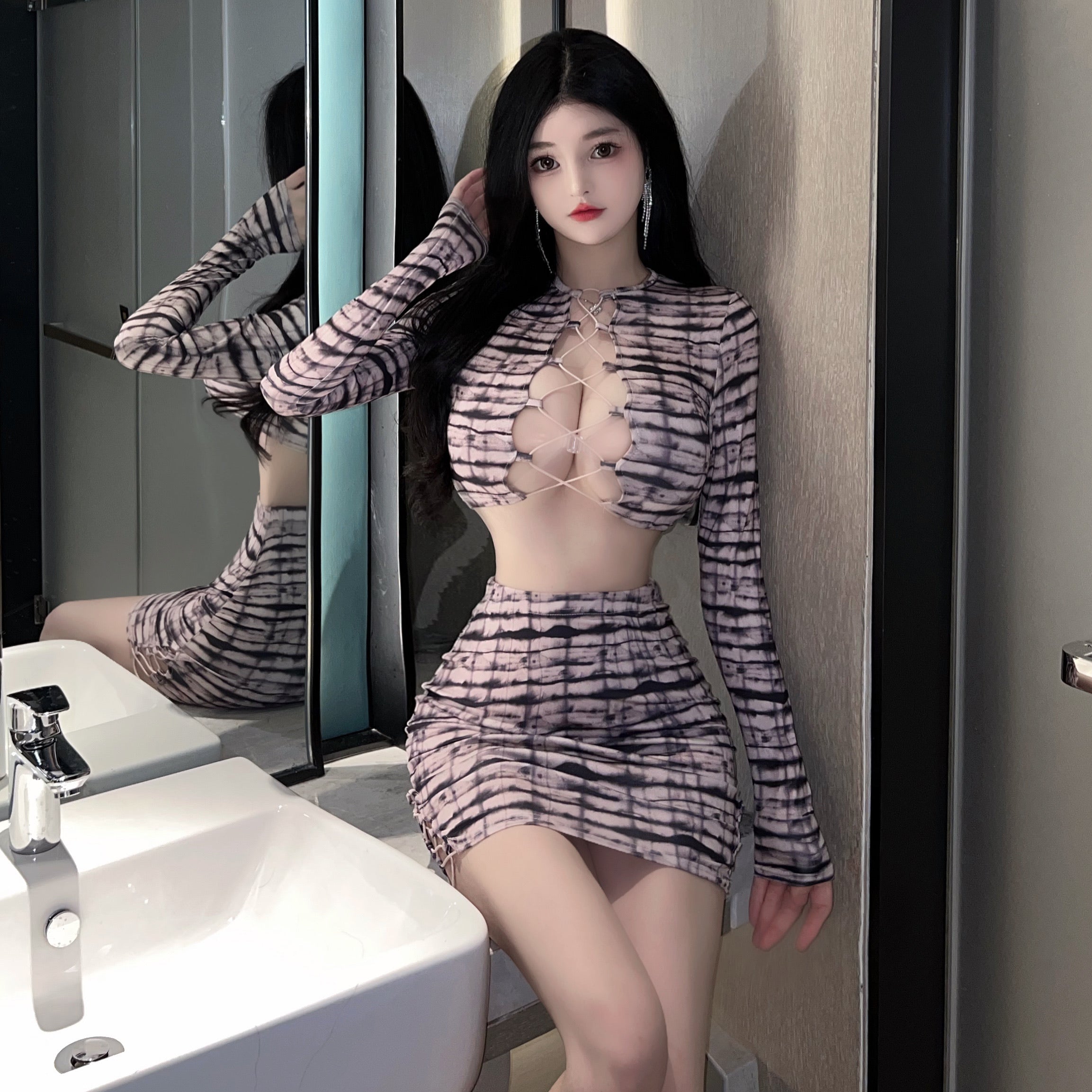 Striped Two Piece Crop Top Mini Skirt Set Purple Grey Women Loungewear