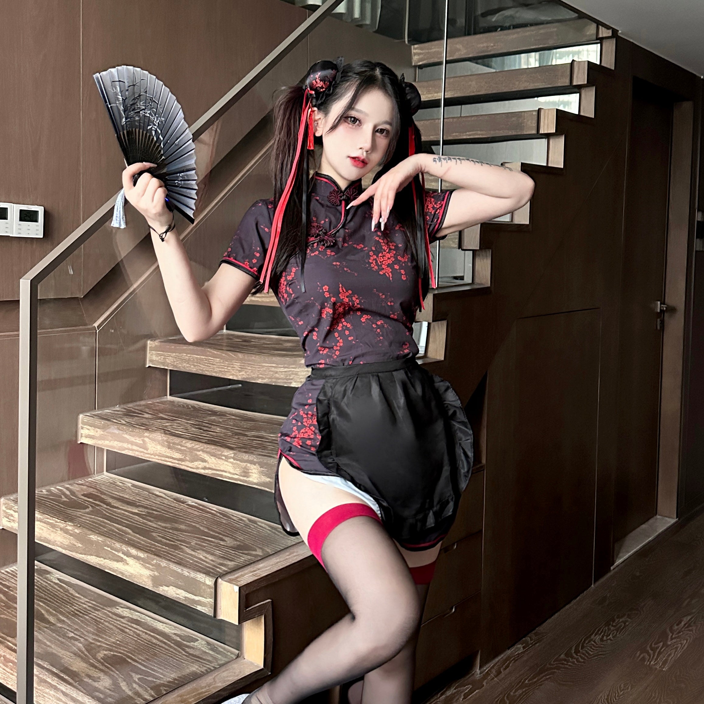 Oriental Floral Maid Qipao Themed Lingerie Set
