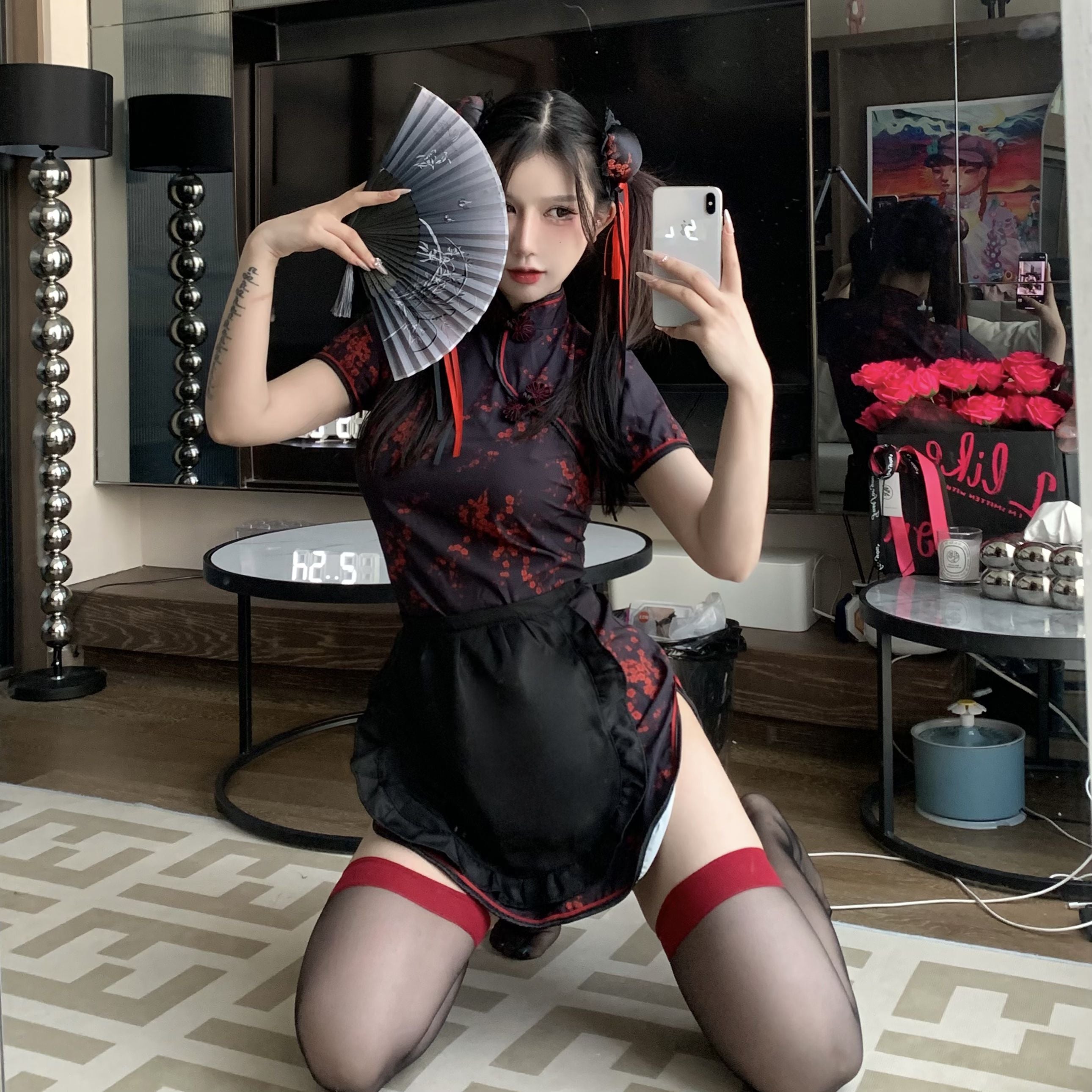 Oriental Floral Maid Qipao Themed Lingerie Set
