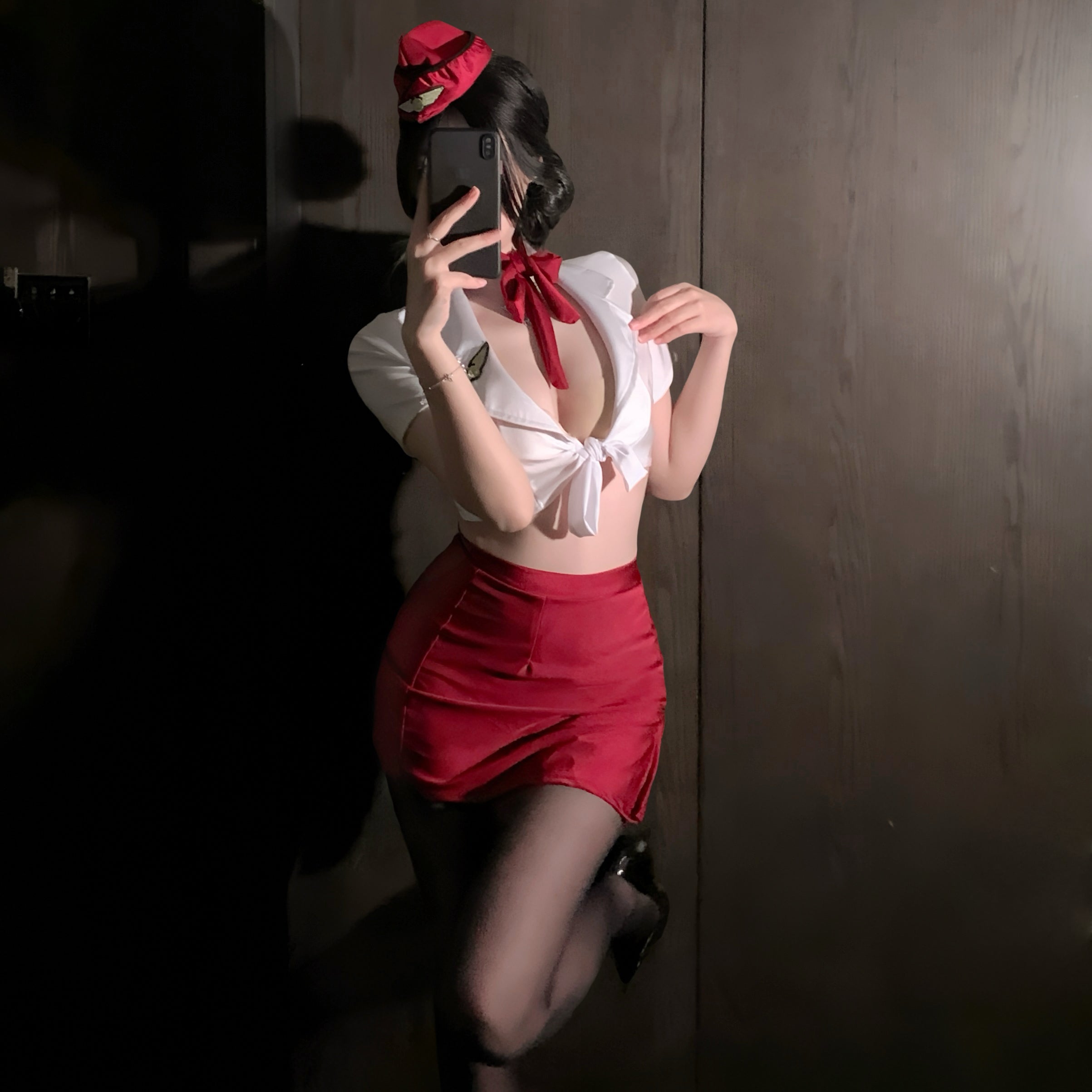 Flight Attendant Two Piece Set White Top Red Skirt Romantic Loungewear