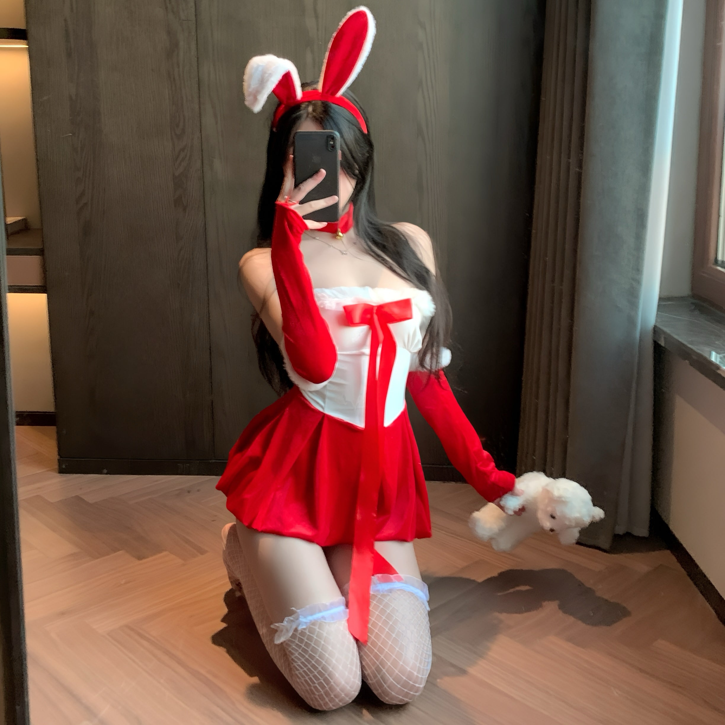 Red Bunny Themed Off Shoulder Mini Dress Lounge Outfit